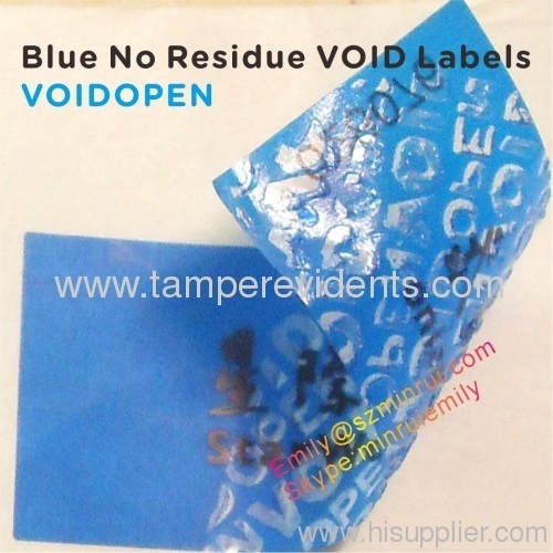 Custom No Residuce Blue VOID OPEN Tamper Proof Labels,No Transfer Blue Tamper Evident VOID OPEN Stickers