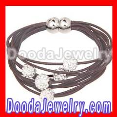 White Swarovski Crystal Beads 19CM Mocha Leather Bracelet With Magnetic Clasp