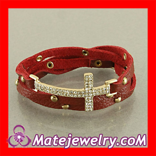 Fashion Wrap Stud Red Leather Sideways Cross Bracelets