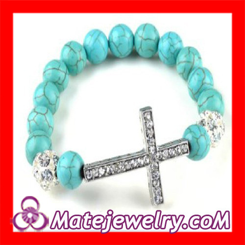 Turquoise Beads Czech Crystal Sideways Cross Bracelet