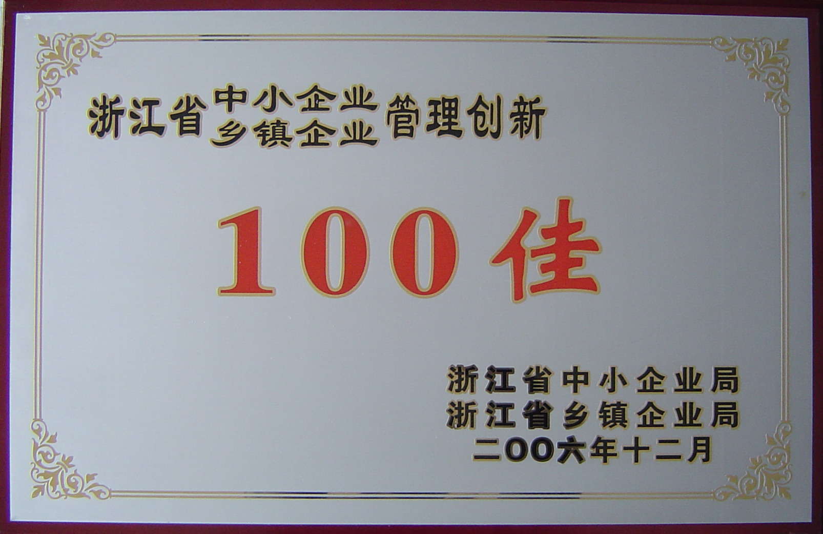 Management innovation top100 of minor and township enterprise of Zhejiang province