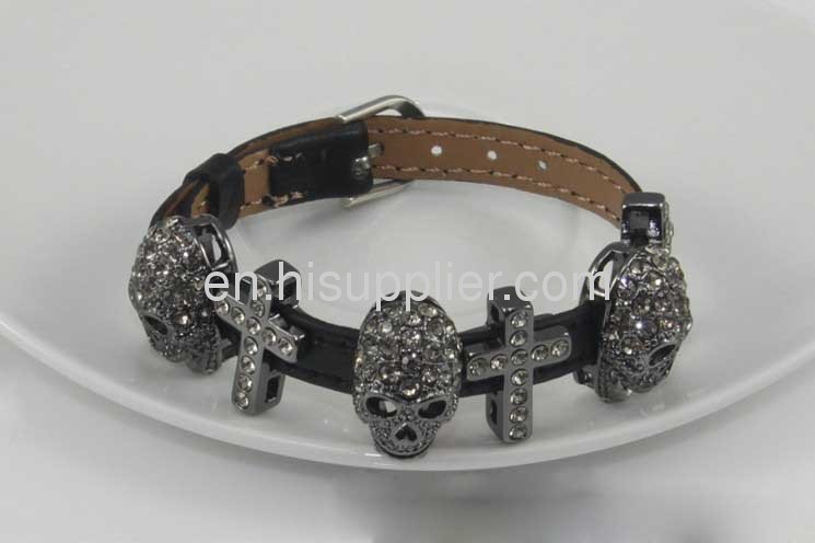 White Crystal Skull And Sideways Cross Rhinestone Slide Charm Bracelet 