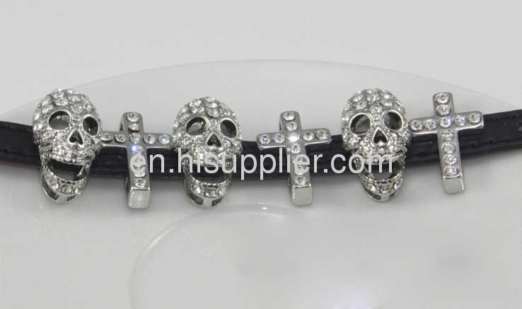 White Crystal Skull And Sideways Cross Rhinestone Slide Charm Bracelet 