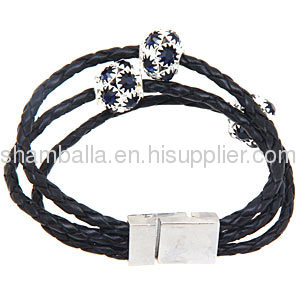 19CM Crystal Beads Black Braided Leather Bracelet With Magnetic Clasp