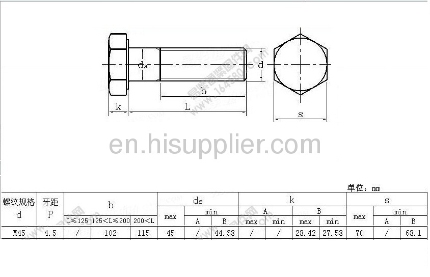 Hexagon head Gr8.8 bolt M45