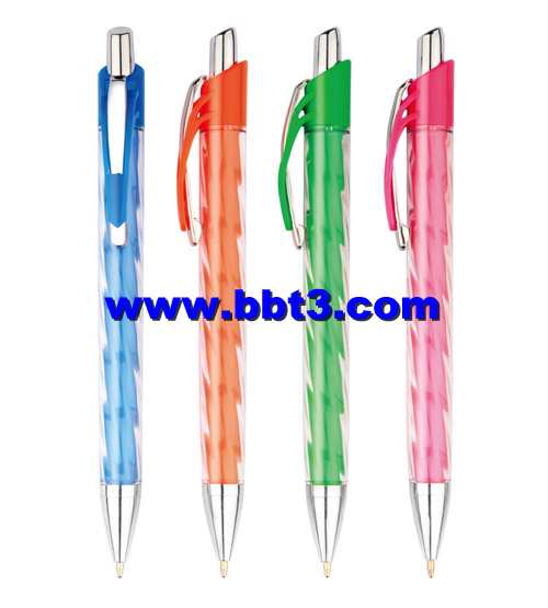 Promotional ballpoint pen with transparent barrel and metal clip