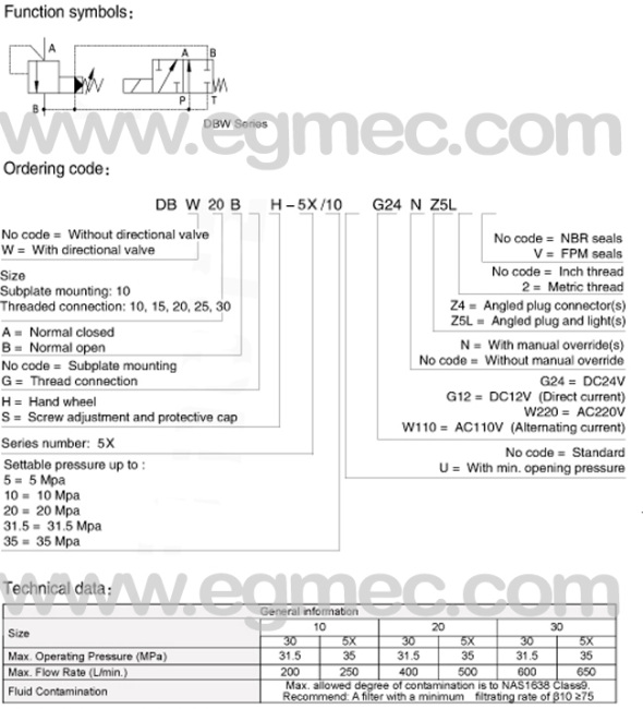 Rexroth DBW20 5X Normally Closed/Open Pilot Operated Pressure Relief Valve