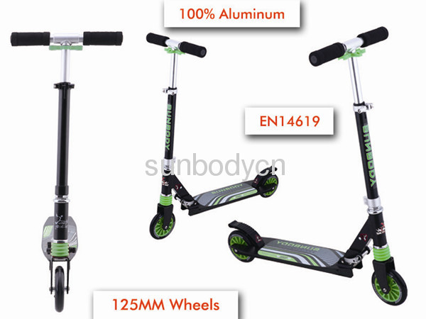 EN14619 quality 100% aluminum body front suspension adult kick foot scooter double125mm PU wheel