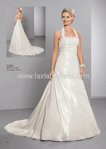 A-line Strapless Sweetheart Halter Chapel Train Corset Backless Taffeta Appliqued Ruched Wedding Dress With Flowers