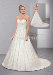 A-line Strapless Sweetheart Corset Backless Chapel Train Satin Tulle Appliqued Wedding Dress