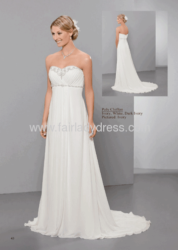 A-line Strapless Sweetheart Brush Train Empire Beaded Chiffon Ivory Wedding Dress