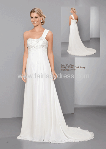 Sheath Sweetheart One-shoulder Brush Train Empire Appliqued Chiffon Ivory Wedding Dress
