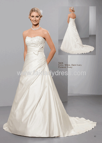 A-line Strapless Sweetheart Chapel Train Corset Backless Appliqued Satin Ivory Wedding Dress With a Bow