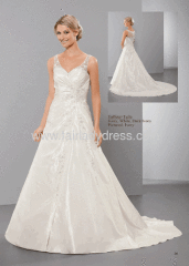 A-line V-neck Chapel Train Criss Cross Illusion Back Appliqued Taffeta Ivory Wedding Dress