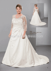 A-line V-neck Chapel Train Pleated Appliqued 3/4 Long Sleeve Illusion Open Back Lace Satin Wedding Dress