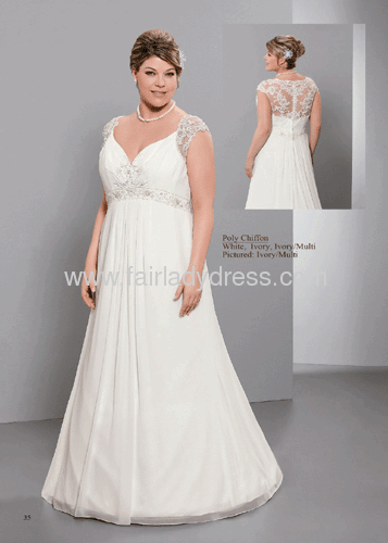 Sheath V-neck Brush Train Empire Illusion Back Chiffon Ivory Beaded Plus Size Wedding dress