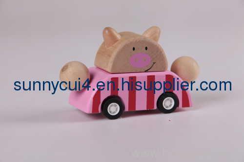 Q animal pull back car - pig woden toys wooden car
