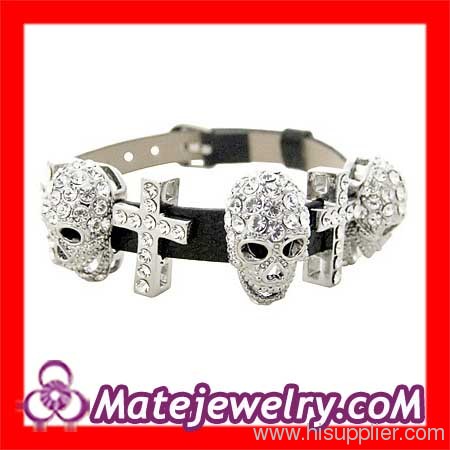 White Crystal Skull And Sideways Cross Rhinestone Slide Charm Bracelet