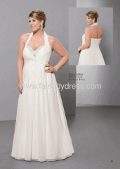 A-line Sweetheart Halter Brush Train Empire Waist Chiffon Beaded Plus Size Wedding Dresses