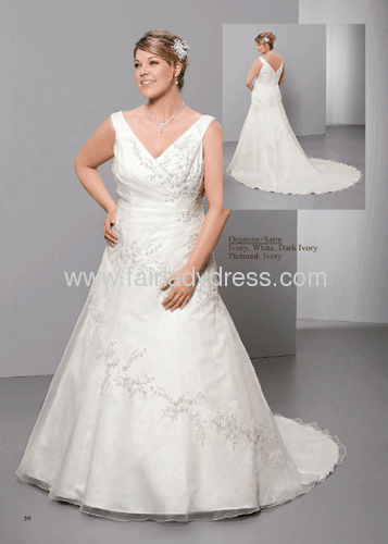 Princess V-neckline Chapel Train Open Back Satin Organza Appliqued Pleated White Ivory Wedding Gowns