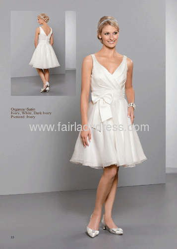 A-line Princess V-neck Cap Sleeve Short Knee Length Open Back Satin Organza Ivory Wedding Gown With A Bow