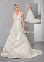 Princess V-neck Halter Chapel Train Pleated Corset Backless Appliqued Taffeta Wedding Dress With Ruffles