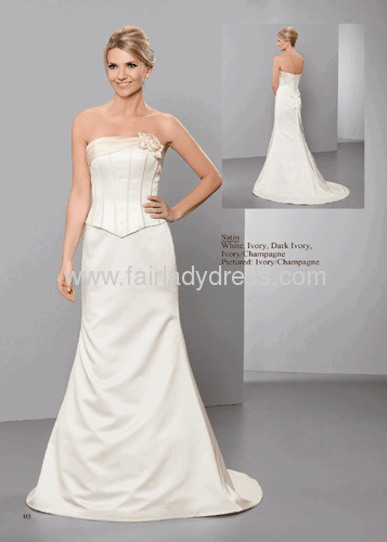 Mermaid Strapless Chapel Train Corset Backless Ivory Champagne Satin Wedding Gown