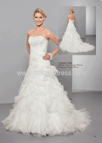 Princess Strapless Sweetheart Chapel Train Corset Backless Satin Organza Appliqued White Wedding Gown