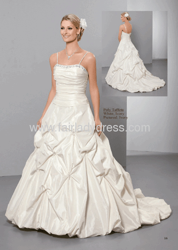 Princess Strapless Sweetheart Spagetti Straps Chapel Train Beaded Ruched pick-ups Taffeta Wedding Gown