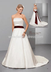 Princess Strapless Sweetheart Chapel Train Satin Ivory Wedding Gown With Ribbon and Bow