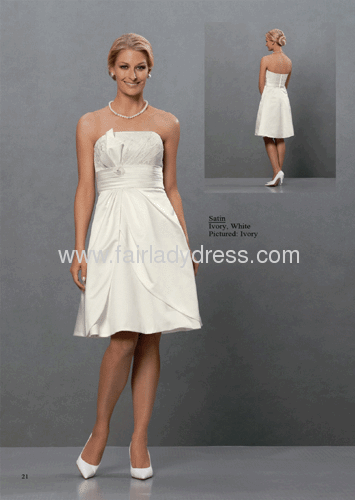 A-line Strapless Knee Length Ruched Appliqued Satin Ivory Wedding Dress With A Bow
