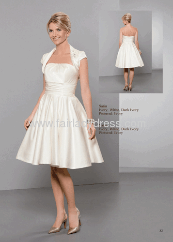 Princess Strapless Knee-length Ruched Draped Ivory Satin Wedding Dress With a Jacket