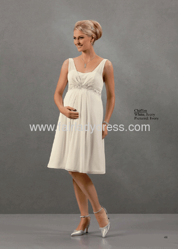 Sheath V-neck Empire Waist Knee Length Beaded Draped Chiffon Ivory Maternity Dress
