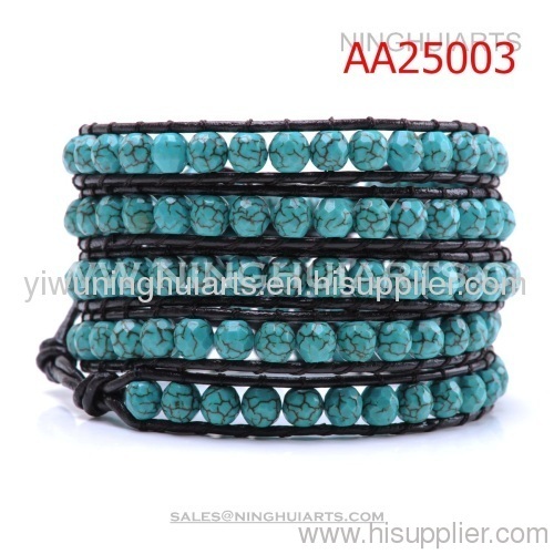 Multi row Leather Turquoise Beaded Wrap Bracelet