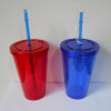 Double wall plastic mug with straw