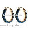 E359-3 Stainless Steel Hinged Hoop Earrings With Blue And Black Leather, Stainless Steel Hoop Earrin