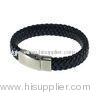 Stainless Steel And Leather Men's Woven Bracelet, BR156 Black Mens Stainless Steel Bracelets For Gif