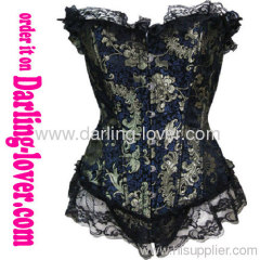 Gold floral pattern blue ground lace corset