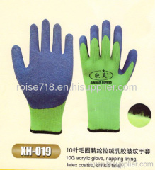 10G acrylic glove,napping lining,latex coated,crinkle finish