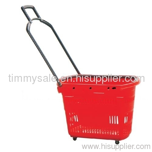 Supermarket Plastic rolling shopping basket with wheels/basket of straw with poigner