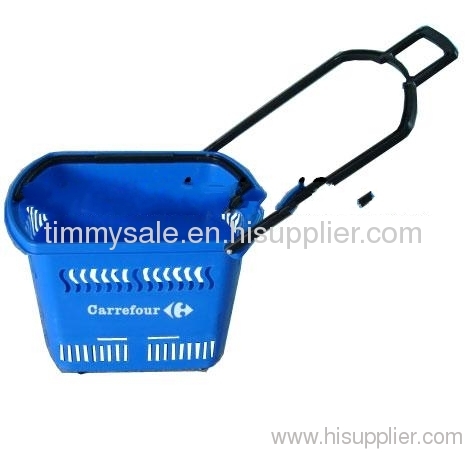 rolling plastic supermarket shopping basket with wheels /plastic storage baskets