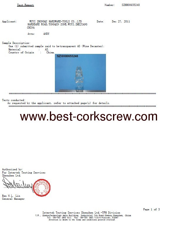 LFGB certificate for magic decanter aquiline dacanter