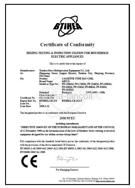 CE certificate for Cassette fan coil