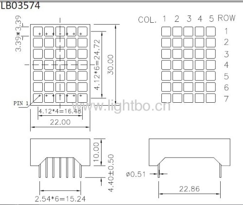 شاشة عرض LED مربعة الشكل 5 × 7 بوصة ذات مصفوفة نقطية فائقة السطوع باللون الأحمر مقاس 3.39 × 3.39 مم 22 × 30 × 10 مم