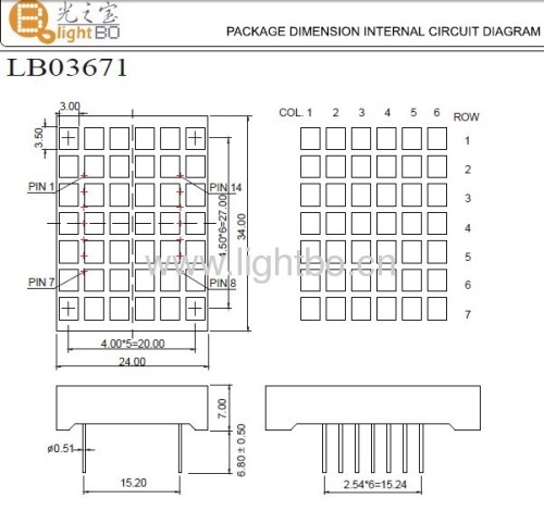 Màn hình LED ma trận điểm vuông 6 x 7 3.0 x 3.5mm có kích thước đóng gói là 24 x 34 x 7 mm