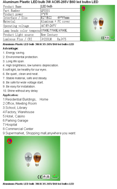 Aluminum Plastic LED bulb 3W AC85-265V B60 led bulbs LED