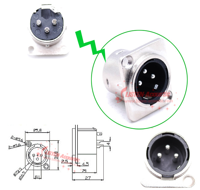 3-pin XLR male Connector chassis sockets CC Series connector