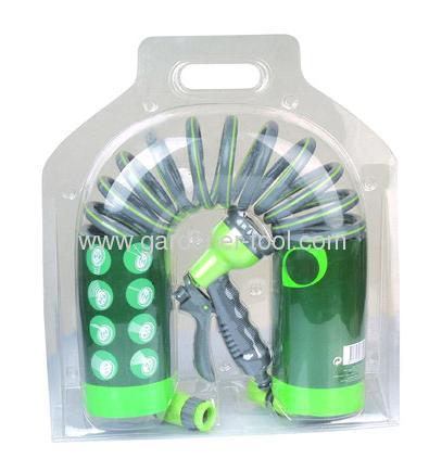 10M/33FT garden coil hose with 8-function hose nozzle set for double blister with insert card package