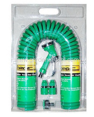 15M Garden Coil Hose With 4-Pattern Trigger Nozzle In Double Blister with Insert Card Package