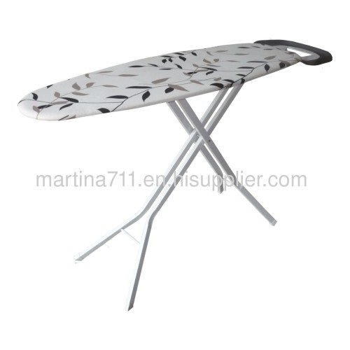 Metal mesh top ironing board with retracted iron rest